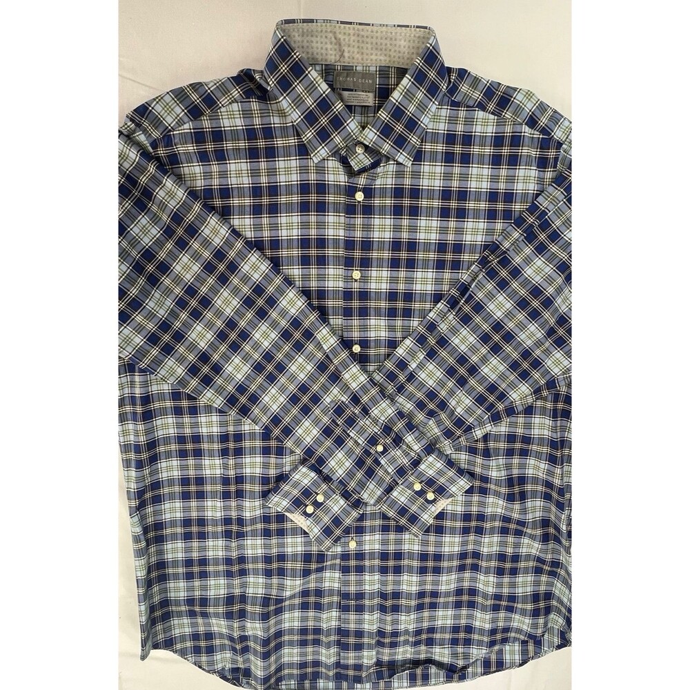 Thomas Dean Blue Plaid Long Sleeve Cotton Casual Button Up Shirt Mens XXL